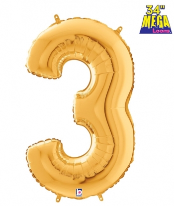 34" Number 3 Gold balloon foil balloons