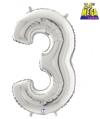 34" Number 3 Silver balloon foil balloons